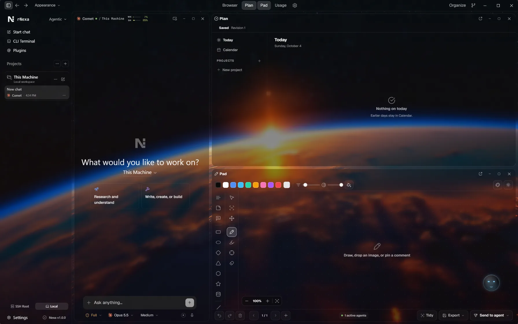 rNexa workspace with a chat, Plan and Pad open side by side